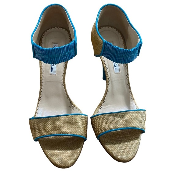 OSCAR DE LA RENTA - OPEN TOE BEIGE RAFFIA & TURQUOISE PATENT LEATHER - SZ 37 S8 - Picture 12 of 14